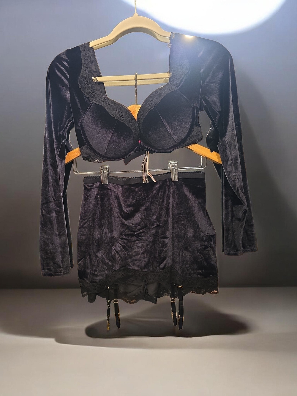 Victoria's Secret Black Velvet Lace-Trim Bra & Garter Slip Set
